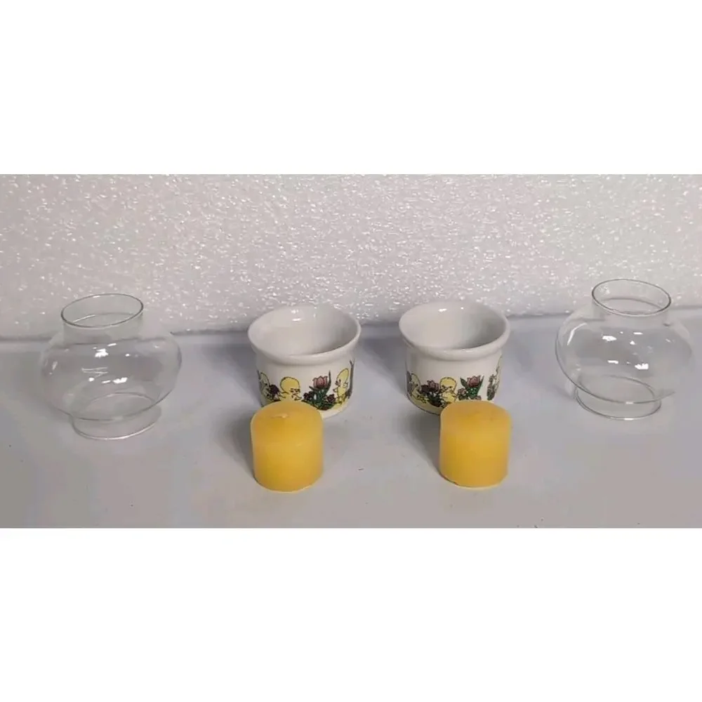 Vintage Russ Berrrie Miniature Ceramic Candle Holders Baby Chicks Hurricane...